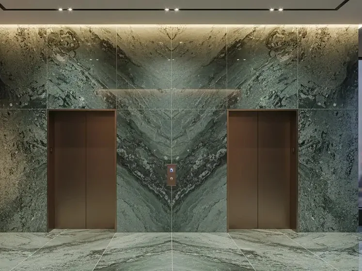Verde Candeias aplicado em parede e piso de lobby